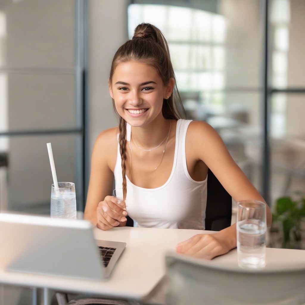 Girl Drinking Water While Studying