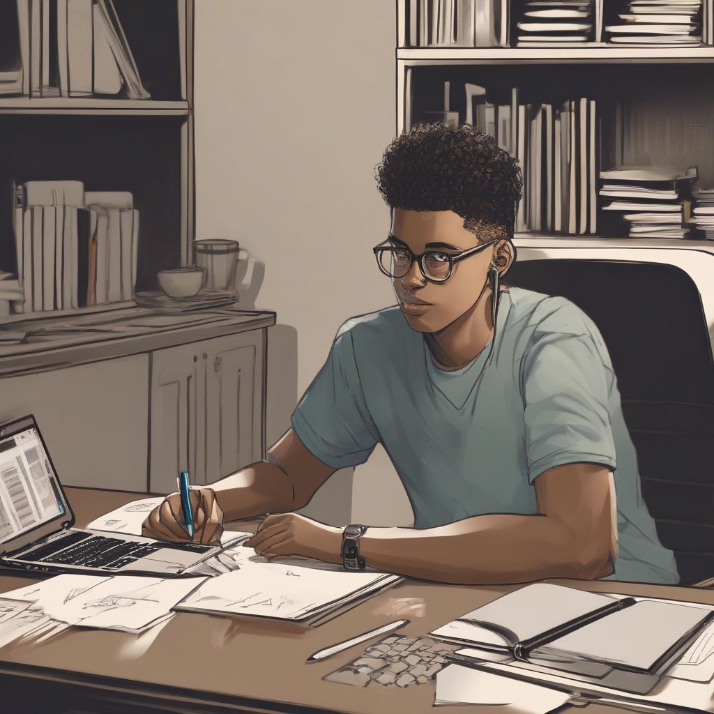 A student working at a clean desk with a laptop, notebook, and coffee.